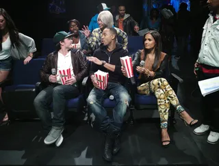 Josh Hutcherson with Terrence J and Rocsi - Josh Hutcherson prepares to view a scene from "The Hunger Games" with Terrene J and Rocsi Diaz at 106 &amp; Park, March 22, 2012. (Photo: John Ricard / BET)