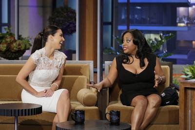 Late Night Girl Talk - Kim Kardashian and Sherri Shepherd share the couch and a few laughs during an interview with host Jay Leno at NBC Studios in Los Angeles. (Photo: Paul Drinkwater/NBC/NBCU Photo Bank)