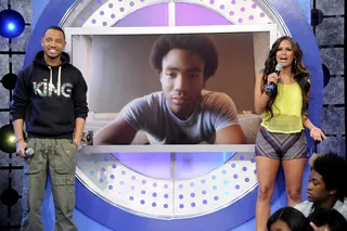 Terrence and Rocsi Talk with Childish Gambino - : Terrence J and Rocsi Diaz talk to an injured Childish Gambino via satellite at 106 &amp; Park, March 23, 2012.(Photo: John Ricard/BET)