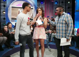 Great Job - Rocsi Diaz and Diggy Simmons talk with a producer during a commercial break at 106 &amp; Park, March 20, 2012.(Photo: John Ricard/BET)