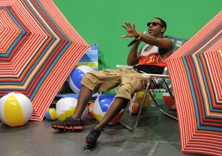 Im at the Beach - Shorty Da Prince claims to be broadcasting live from Dubai at 106 &amp; Park, March 20, 2012. (Photo: John Ricard/BET)