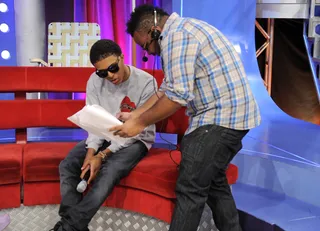 Right There - Diggy Simmons goes over a script with a producer during a commercial break at 106 &amp; Park, March 20, 2012.&nbsp; (Photo: John Ricard/BET)