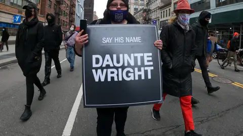 NEW YORK, USA - APRIL 12: Hundreds in New York held a Black Lives Matter protest on Monday, April 12, after the death of another Black man, Daunte Wright, in the country. (Photo by Lokman Vural Elibol/Anadolu Agency via Getty Images)