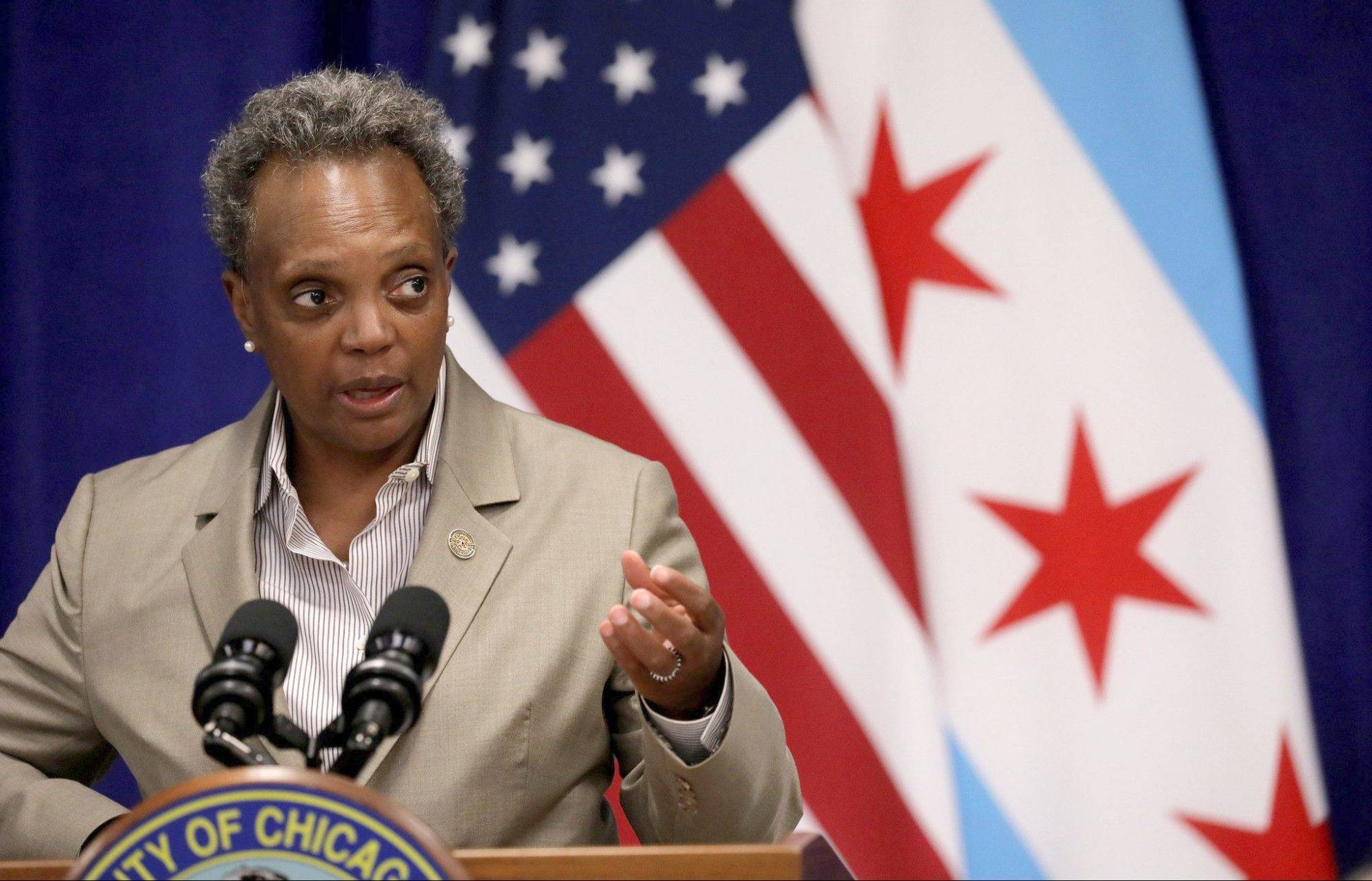 Mayor Lori Lightfoot speaks during a news conference at the Greater Western Community Development Project in Chicago on Monday, Sept. 14, 2020. (Antonio Perez/Chicago Tribune/TNS)