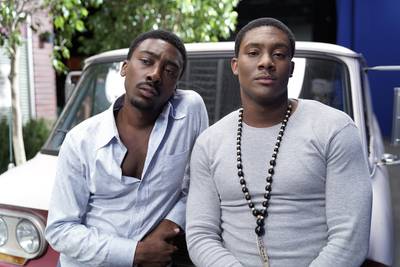 Tyrin Niles (left) plays Jamie &quot;Latch&quot; Collins, and Simeon Daise takes on the role of Reggie Michaels.&nbsp; - (Photo: Jace Downs/BET)
