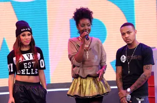 Pretty Chill - Justine Skye chatting with Keshia Chante and Bow Wow on the 106 stage after her performance. (Photo:&nbsp; Bennett Raglin/BET/Getty Images for BET)