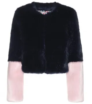 Shrimps Bailey Cropped Faux-Fur Jacket - We were sold from the gate. The midnight blue and powder pink color contrast on this fun chubby is calling for tailored trousers and a good shoe.  (Photo: Shrimps)