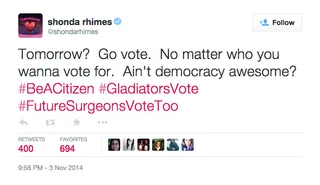 Shonda Rhimes - Shonda Rhimes loves her a democracy. The showrunner wants her Gladiators to vote.(Photo: Shonda Rhimes via Twitter)