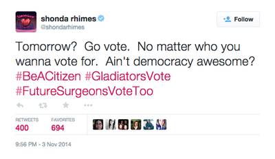 Shonda Rhimes - Shonda Rhimes loves her a democracy. The showrunner wants her Gladiators to vote.(Photo: Shonda Rhimes via Twitter)