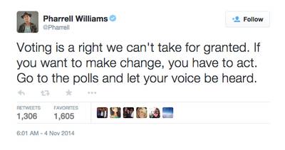 Pharrell Williams - Make Pharrell happy by hitting the polls. (Photo: Pharrell Williams via Twitter)