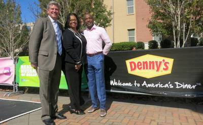 Denny's CEO John Miller, Denny?s Director of Corporate Diversity&nbsp;April Kelly-Drummond, and BET Sales Raymond Goulbourne Say Hi to Jackson State - &nbsp;(Photo: BET)