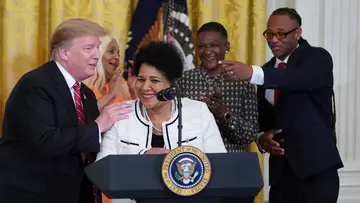 Alice Marie Johnson and Donald Trump on BET Buzz 2020.