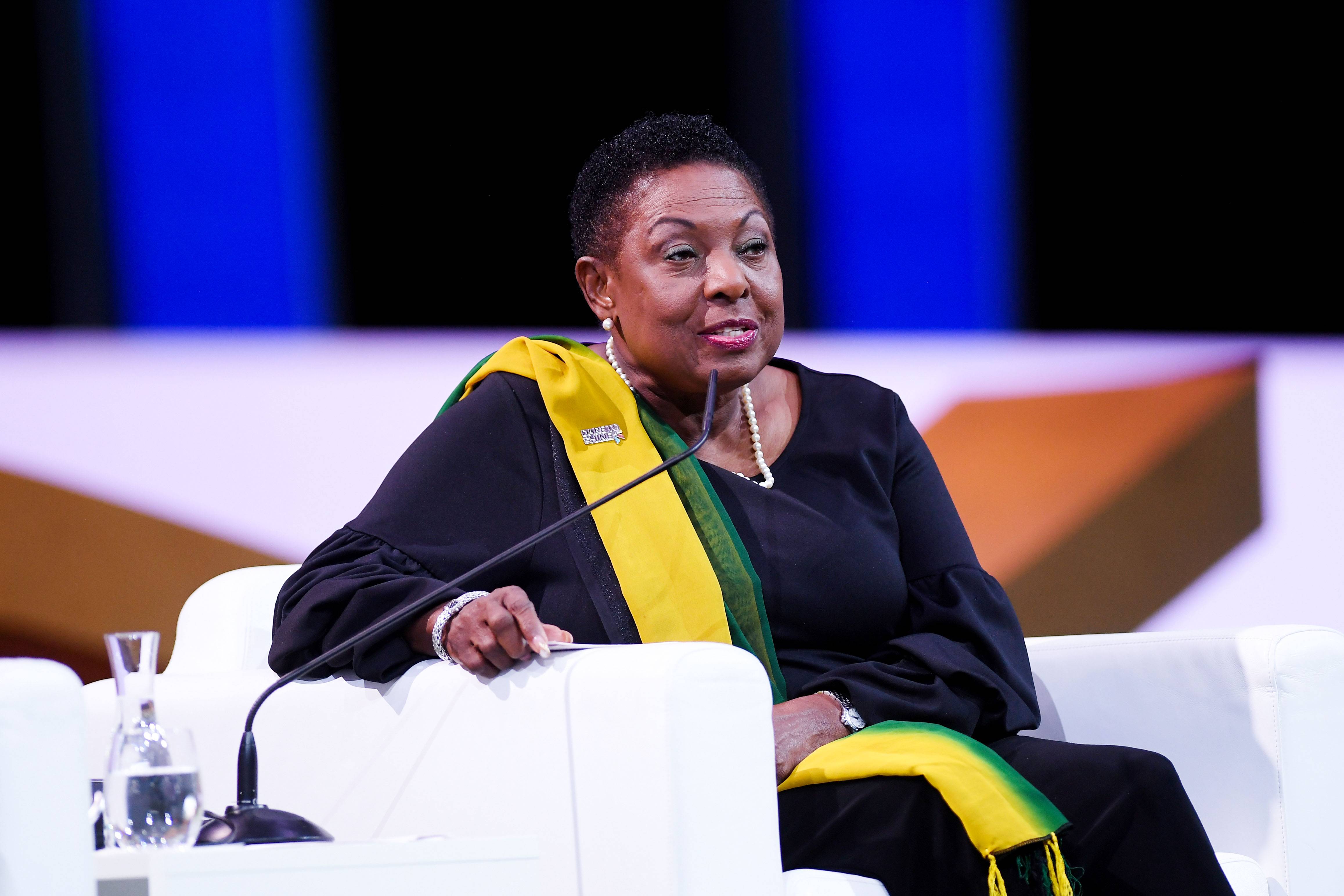 PARIS, FRANCE - JUNE 07: The Honourable Olivia Babsy Grange, CD, MP, Minister of Culture, Gender, Entertainment and Sport, Jamaica talks during the FIFA Women's Football Convention at Paris Expo Porte de Versailles on June 07, 2019 in Paris, France. (Photo by Mike Hewitt - FIFA/FIFA via Getty Images)