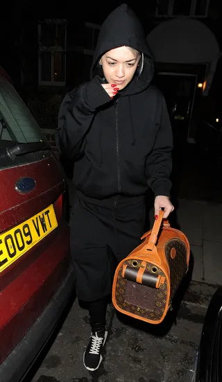 Down Time - Rita Ora leaves her home in London rocking a black tracksuit and transporting her pup in a Louis Vuitton dog carrier.&nbsp;(Photo: Will Alexander/WENN.com)