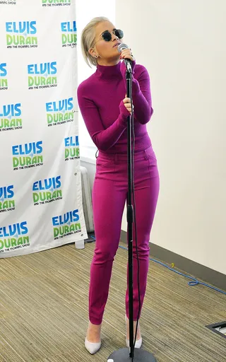 Berry Good - Rita Ora performs at The Elvis Duran Z100 Morning Show&nbsp;at Z100 Studio in New York City wearing a fabulous raspberry ensemble with ice gray pumps.(Photo: Slaven Vlasic/Getty Images)&nbsp;