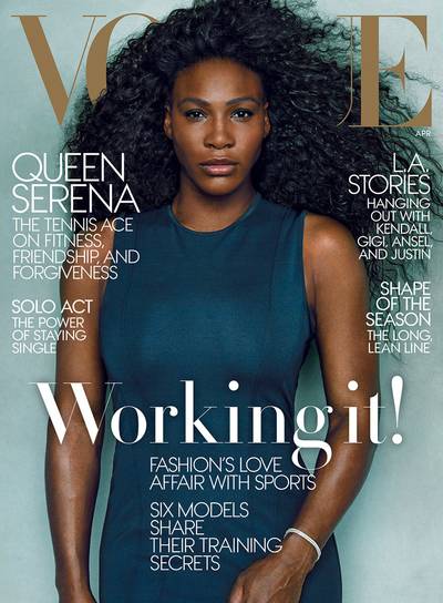 Serena Williams on Vogue - Part tennis phenom, part fashion goddess, Serena slays at every turn. She’s most definitely working it in a navy Rag &amp; Bone sheath and diamond bracelets by Tate. And those curls just gave us new life.  (Photo: VOGUE, April 2015)