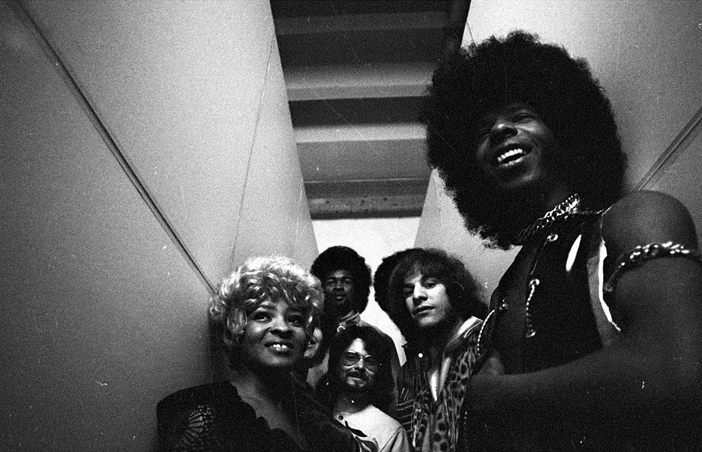 MARCH 26: Psychedelic soul group "Sly & The Family Stone" pose for a portrait on March 26, 1969. (Clockwise from bottom L) Rosie Stone, Cynthia Robinson, Larry Graham, Freddie Stone, Sly Stone, Gregg Errico, Jerry Martini (center). (Photo by Michael Ochs Archives/Getty Images)