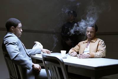 Phillip Mullings Jr. (left) and Christopher Jefferson have a tense scene as Patrick Lorraine interrogates JT Tucker. - (Photo: Jace Downs/BET)