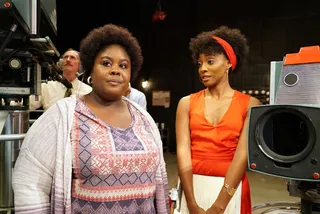 Raven Goodwin's character Violet Simms (left) and Iantha Richardson's Tessa Lorraine glow on the &quot;Soul Train&quot; set. - (Photo: Annette Brown/BET)