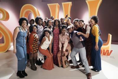 Kelly Rowland (center) poses for a photo with the &quot;Soul Train&quot; gang. - (Photo: Jace Downs/BET)