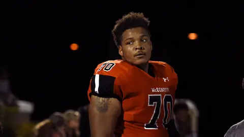 In a September 16, 2016, file image lineman Jordan McNair of McDonogh High School. McNair died on June 13, 2018, two weeks after collapsing during a University of Maryland football team workout. (Barbara Haddock Taylor/Baltimore Sun/Tribune News Service via Getty Images)
