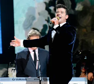 January 26, 2014 – The Grammys - Celebrating a magical night which saw him nominated in three categories, including Record of the Year, Robin Thicke took the stage at the 56th Annual Grammys, where he performed "Blurred Lines" alongside everyone's favorite rock band with horns, Chicago.&nbsp;(Photo: Kevin Mazur/WireImage)