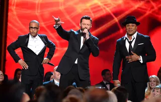 Wow the Crowd - T.I., Hugh Jackman and LL Cool J perform on stage during the 68th Annual Tony Awards at Radio City Music Hall in New York City. (Photo: Theo Wargo/Getty Images for Tony Awards Productions)