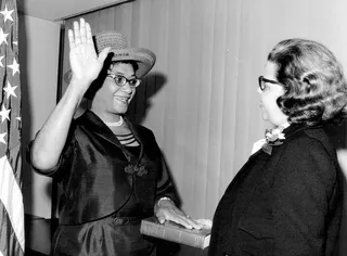 Civil Rights Commission - Title V addressed procedures for the commission, broadened its duties, and extended its life through January 1968. Here,&nbsp;Frankie Muse Freeman is sworn in as the first woman member of the new U.S. Commission on Civil Rights on Oct. 6, 1964.&nbsp;(photo: National Archive/Newsmakers/GettyImages)