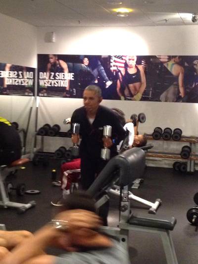 The Obama Workout Video - Obama likes to workout every day, no matter where he is. He was covertly videotaped while pumping a little iron on June 4 in a hotel gym in Poland. Secret Service agents were nearby and said there was no more risk than if he'd been photographed by diners in a restaurant he was patronizing.&nbsp;(Photo: Jean Ekwa via Facebook)