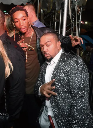 Hit Makers - Wiz Khalifa and Timbaland&nbsp;post up at the Rihanna Party at the New York Edition in New York City.(Photo: Michael Loccisano/Getty Images for EDITION)