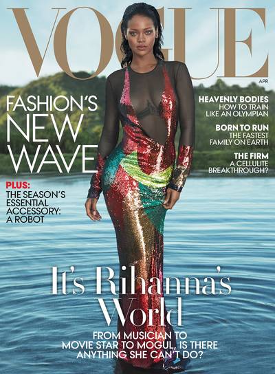 Rihanna - Rising from the sea like a mermaid Ariel could never be, Rihanna slays Vogue for the fourth time, breaking a three-cover streak held by Beyoncé, Naomi Campbell, and Halle Berry. &nbsp;Her plunging, sequin Tom Ford dress hugs her frame like liquid, and her smoldering stare can't be denied.&nbsp; We know she's a musical force, but top model sure is fitting.Here's a look at other models (past and present) who have graced the coveted cover.(Photo: Vogue, April 2016)