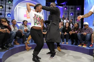 Dancing with a Star Pt. 2 - Akon puts the finishing moves on his dance session with an audience member at BET's 106 &amp; Park.&nbsp; (Photo: John Ricard / BET)