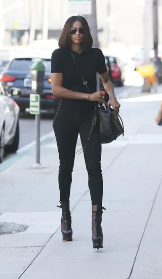 Strut - Ciara shows off her mile-long legs as she takes a stroll in Beverly Hills rocking all black from head to toe.  (Photo: Splash News)