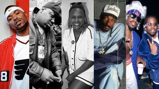 Image of rappers Method Man, Notorious B.I.G., Yo-Yo, Snoop Dogg and Outkast. 