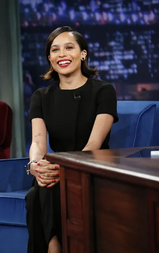 A Beauty - Zoe Kravitz shares a laugh on the couch at Late Night With Jimmy Fallon in New York City.&nbsp;(Photo: Lloyd Bishop/NBC/NBCU Photo Bank)