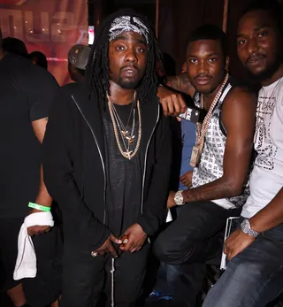 Wale and Meek Mill - MMG rappers Wale and Meek Mill enjoy a quick moment of solace backstage before setting the SJ stage ablaze — Maybach Music style.&nbsp;(Photo: Johnny Nunez/WireImage/Getty Images)
