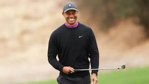 THOUSAND OAKS, CALIFORNIA - OCTOBER 23:  Tiger Woods of the United States reacts on the eighth green during the second round of the Zozo Championship @ Sherwood on October 23, 2020 in Thousand Oaks, California. (Photo by Ezra Shaw/Getty Images)
