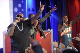 The Boss - Rick Ross, Meek Mill and Wale perform at 106 &amp; Park, June 26, 2012. (Photo: John Ricard / BET)