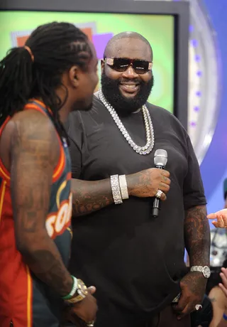 Wale and Ricky Rozay Chop It Up - Rick Ross at 106 &amp; Park, June 26, 2012. (Photo: John Ricard / BET)