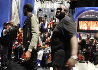 See Ya Later - Rick Ross and Meek Mill exit at the conclusion of the show at 106 &amp; Park, June 26, 2012. (Photo: John Ricard / BET)