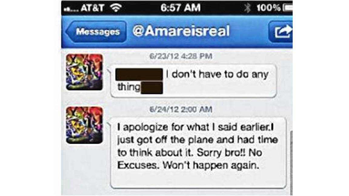 Amar’e Stoudemire Tweets Gay Slur to Fan&nbsp; - New York Knicks star Amar’e Stoudemire lashed out at a heckler on Twitter on Saturday after a fan bashed his performance last season. The fan re-tweeted a screen shot of a direct message reportedly sent from Stoudemire in which the basketball player abused him with a gay slur. &quot;I apologize for what I said earlier. I just got off the plane and had time to think about it. Sorry bro!! No Excuses. Won't happen again,&quot; Stoudemire said in another message the fan re-tweeted to followers after the incident. (Photo: Courtesy Twitter)