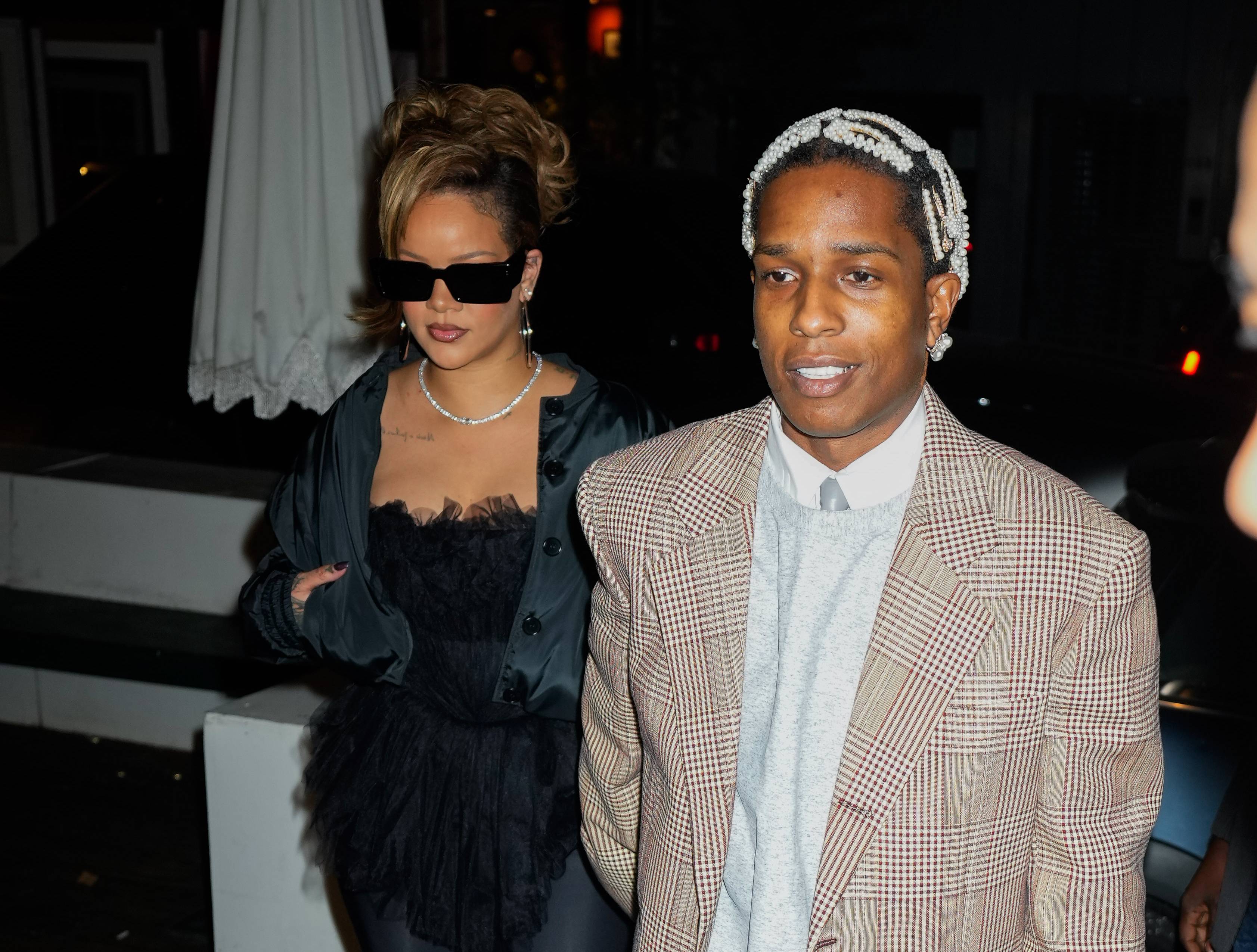  A$AP Rocky and Rihanna go to Carbone for his 34th birthday on October 04, 2023 in New York City. 
