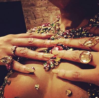 Beyoncé - To compliment her custom sheer Givenchy gown at the 2015 Met Gala, Bey goes for an equally nude mani, punching it up with jaw-dropping Lorraine Schwartz diamond rings.  (Photo: Beyonce via Instagram)