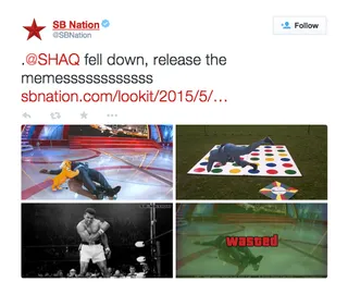 Absolutely Hilarious! - From getting knocked out by Muhammad Ali&nbsp;to playing Twister...Shaq took the tumble.(Photo: SB Nation via Twitter)