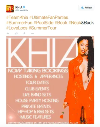 Live at the Barbecue - The Tampa rapper takes on all shows big and small and posted clips on Instagram last month where she performed at a backyard pool party. Khia's gone get hers one way or the other and you too can get your backyard barbecue bumping if you got a few stacks.&nbsp;(Photo: Khia via Twitter)