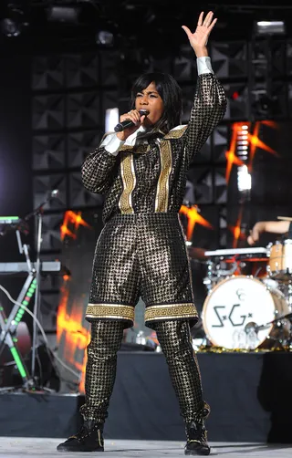 Stylin' and Profilin' - We've never seen an outfit like this, and we're not sure that we'd even wear an outfit like this, but Santigold can make it work... on stage that is.(Photo: Frank Micelotta/PictureGroup)