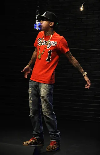 Lets Get It - Tyga delivers a freestyle at 106 &amp; Park, April 30, 2012. (Photo: John Ricard / BET)