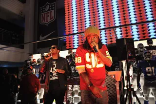 April 26, 2012: Wale Unveils New NFL Uniforms - As one of hip-hop's biggest sport heads, with frequent appearances shooting the breeze on ESPN, Wale was the perfect person to help reveal the new NFL uniforms with a performance at a massive gala at New York's Niketown. &nbsp;(Photo: Theo Wargo/Getty Images)