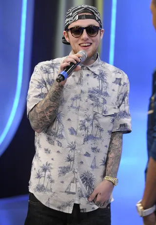 Mac Miller, @MacMiller - Tweet: "I'm sitting on the ground right now, but it's a balcony."There is something very profound about how grounded, but how high, Mac Miller is while prepping for his sophomore release, Watching Movies With the Sound Off.&nbsp;(photo: John Ricard / BET)