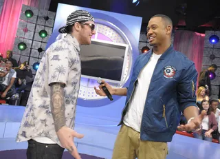 Just Chill - Mac Miller and Terrence J during a commercial break at 106 &amp; Park, April 26, 2012. (Photo: John Ricard / BET)